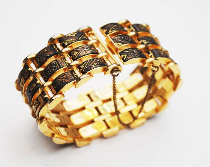 Wide Damascene Link bracelet - 3 rows of gold black enameling links - Safety chain