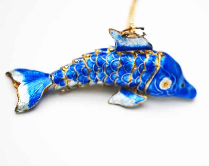 Blue Enamel Articulate Fish Necklace - gold chain - dolphin sea life - pendant