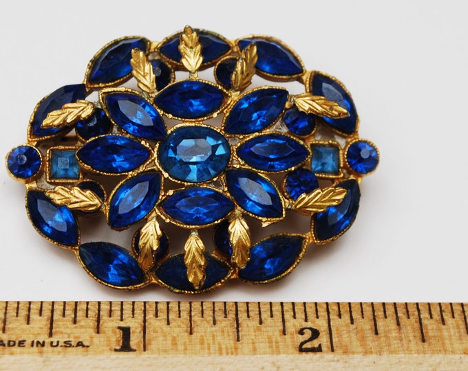 Colbalt Blue Rhinestone Brooch - Oval - Gold Leaf - Floral flower pin - Mid Century