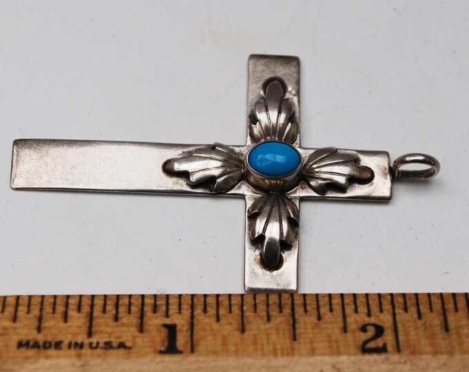 Sterling Turquoise Cross Pendant - Native American - Navajo - Silver Southwestern - Signed BJ