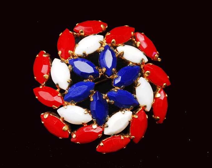 Red White blue Brooch - Colorful Glass Rhinestone - Patriotic - Mid Century - Circle Pin wheel Flower pin