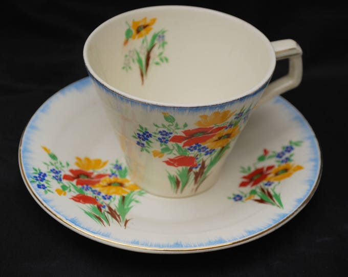 H & K Tunstall Tea cup and Saucer - Made in England - Flower - blue red orange green - shabby chic