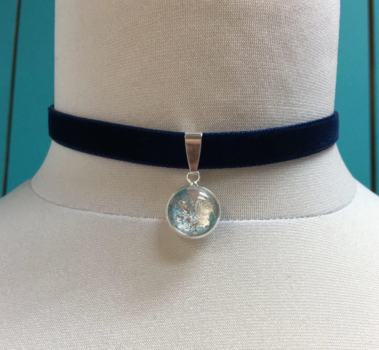 Choker ice blue silk pendant with silver flakes thin navy
