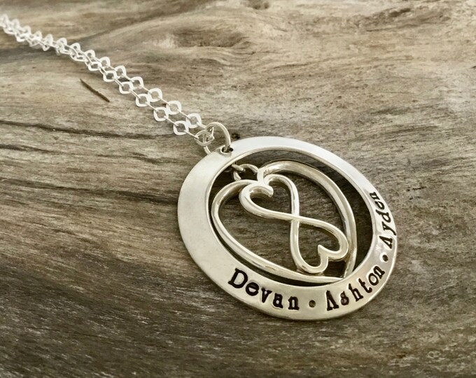 Children's Names Sterling Silver Infinity Heart / Personalized Hand Stamped / Grandma Necklace