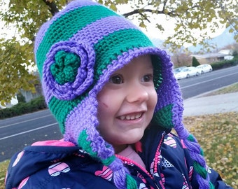 Crochet Earflap Hat Purple and Green with Braids & Flower