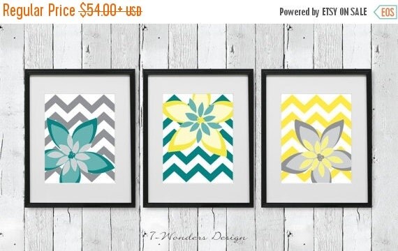 ON SALE Modern Floral Teal Grey Yellow Wall Art by 7WondersDesign