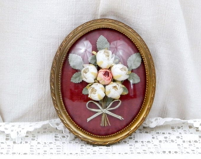 Vintage French Domed Glass and Brass Picture Frame with Silk Flower Composition on Satin Backing, Wall Hanging, Mid Century, 1950s, 1960s