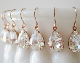 Bridesmaid Earrings set of 5 Crystal Rose Gold Plated Teardrop Earrings Bridesmaid Jewelry Vintage Style Wedding Bridal Earrings Nickel Free