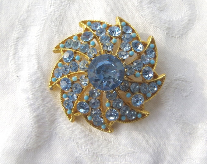 Vintage BSK Rhinestone Brooch, Seed Turquoise Accents, Atomic Pin, Baby Blue, Designer Signed