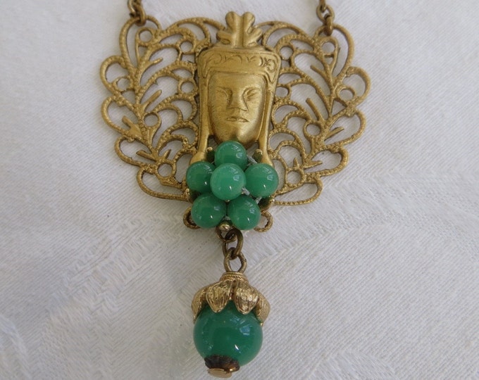 Vintage Buddha Necklace, Filigree with Peking Glass Beads, Bib Style, Spiritual Jewelry, 24 Inch Chain