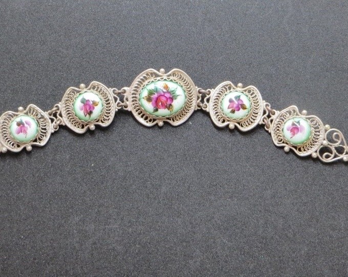 Vintage Silver Cannetille and Porcelain Bracelet, Roses and Leaves, Garden Wedding Bracelet