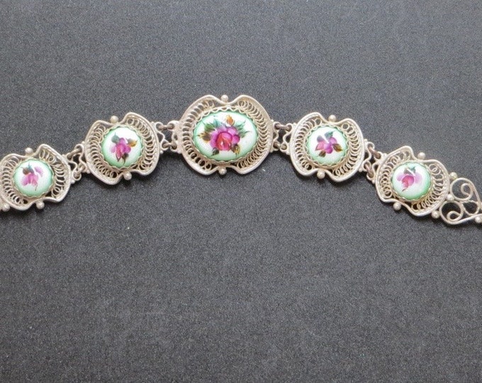 Vintage Silver Cannetille and Porcelain Bracelet, Roses and Leaves, Garden Wedding Bracelet