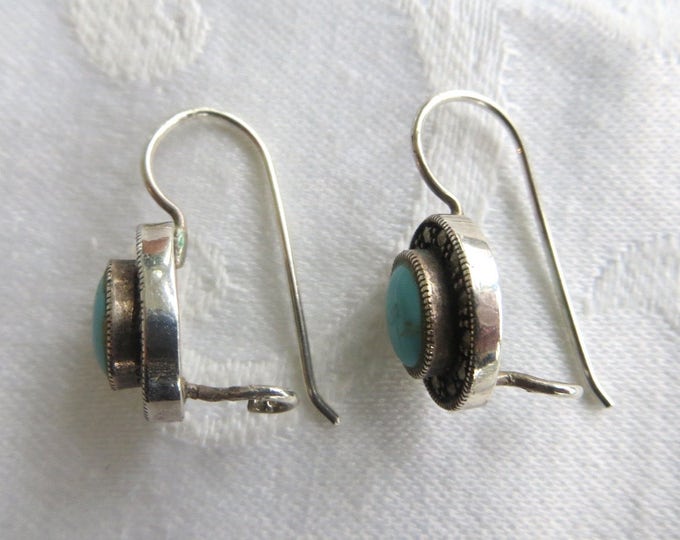 Vintage Turquoise Earrings, Sterling Silver with Marcasite Rim, Bezel Set Turquoise Stones, Pierced Earrings