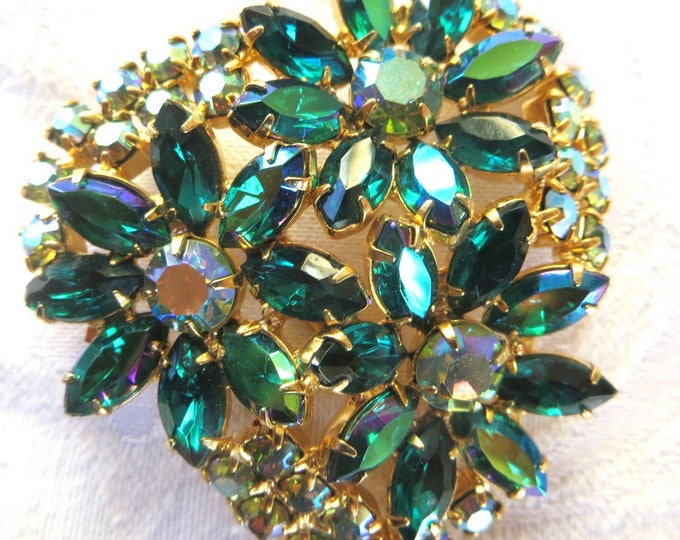 Vintage Rhinestone Flower Brooch, Green Navette and Aurora Borealis Stones, Sparkle Galore!