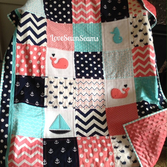 Coral/Navy/Aqua Nautical Quilt/CORAL Nautical quilt