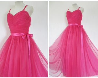 1950s Evening Dress 1950s Prom Dress Long Pink Chiffon Tulle Taffeta Wedding Bridesmaid Party Dress Ballgown S M