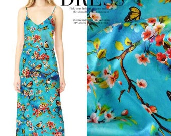 SALE, Light Blue Silk fabric silk stretch satin fabric with birds and flowers - JFZ01- 118 cm wide/46"