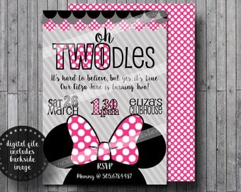 Oh Twodles Invitations Thank you Cards Toodles Minnie Mouse Girls Birthday Party Printable - Pink 5x7 or 4x6 with polka dot reverse backside