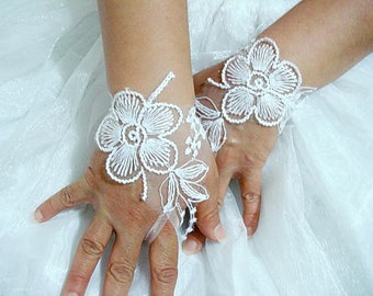 White bridal gloves ,fingerless gloves lace, flower wedding gloves white lace gloves