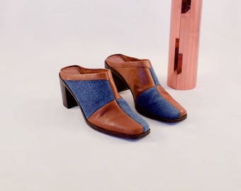 patchwork mules / denim leather mules / patchwork clogs / 6.5 - 37 / denim heels / leather clogs / 90s patchwork heels / slip ons / western