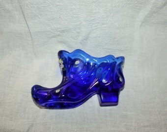 Vintage Fenton Cobalt Blue Handpainted Signed S. Fisher Art Glass Colonial Shoe