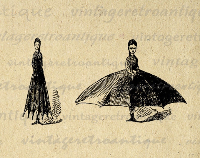 Printable Umbrella Dress Woman Digital Download Graphic Image Illustration Antique Clip Art Jpg Png Eps HQ 300dpi No.2919