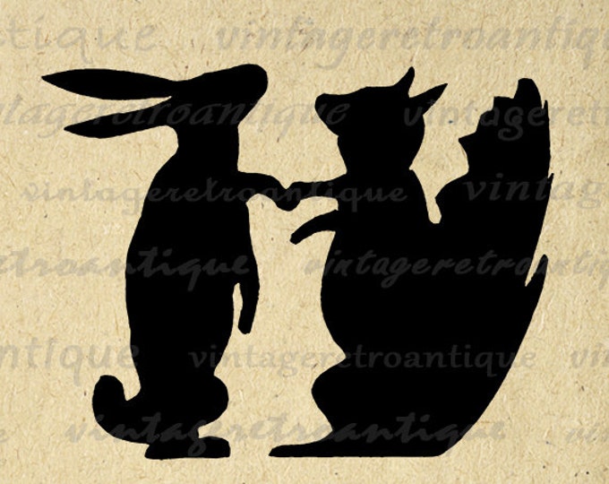 Printable Rabbit and Squirrel Silhouette Image Digital Download Graphic Antique Clip Art Jpg Png Eps HQ 300dpi No.3338