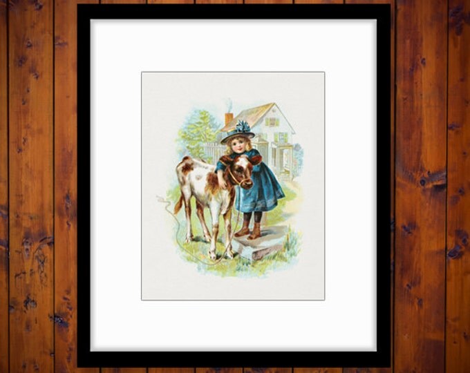 Printable Girl with Baby Cow Digital Graphic Classic Color Illustration Image Download Antique Clip Art HQ 300dpi No.2039