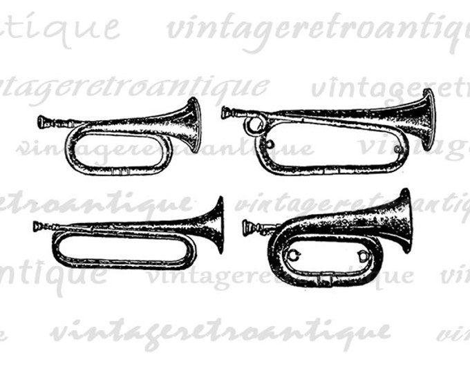 Digital Printable Four Antique Bugles Graphic Horns Download Music Collage Sheet Image Vintage Clip Art Jpg Png Eps HQ 300dpi No.1129