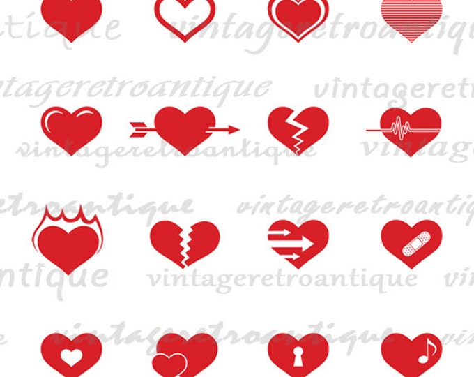 Digital Graphic Hearts Collage Sheet Download Heart Printable Love Romance Image Vintage Clip Art HQ 300dpi No.4031