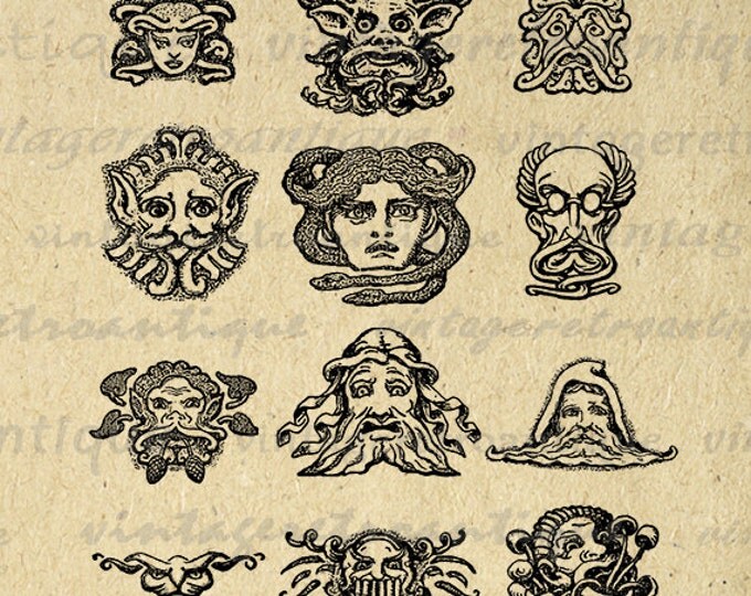 Classical Mythical Faces Printable Graphic Digital Greek Heads Image Download Antique Clip Art Jpg Png Eps HQ 300dpi No.1575