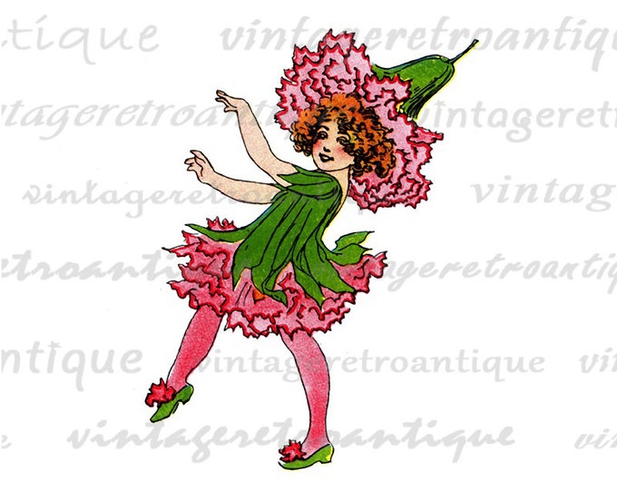 Digital Printable Carnation Flower Girl Download Flower Children Graphic Illustration Image HQ 300dpi No.1112