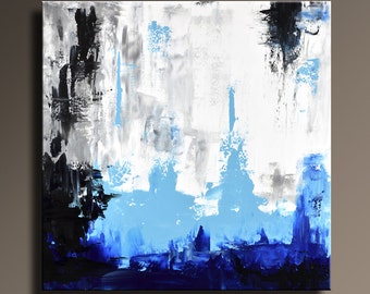ORIGINAL ABSTRACT PAINTING 36" White Gray Blue Black Painting Canvas Art Contemporary Abstract Modern Art wall decor - Unstretched - SQ05i7