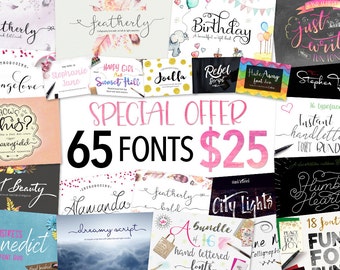 Script Font bundle - 65 Calligraphy fonts including hand lettered fonts. Digital fonts which can be used for photography logo designs