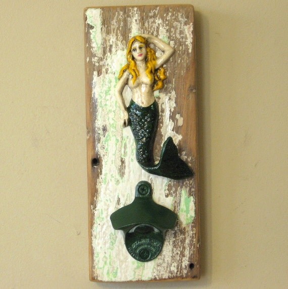 Mermaid wall bottle opener with blondehaired mermaid and