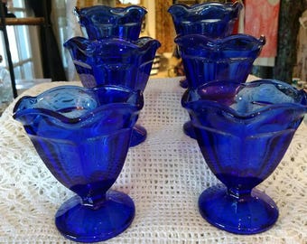 Cobalt Blue Glass, Dessert Dishes, pudding cups, ice cream cups, serving, dessert dishes, (6 pc set)