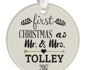Wedding Ornament, Christmas Ornament, Personalized Wedding Ornament, Ceramic Ornament, Wedding Gift, Mr. & Mrs. Ornament, RyElle, Christmas