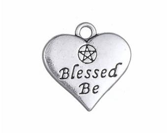 Blessed Be Charm - Silver Pentagram Heart Pendant - DIY Charm - Antique Silver - Jewelry Supplies - Pewter Necklace Charm - Silver Findings