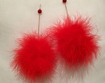 Feather Earrings - Red Feather Pom Pom Earrings