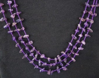 Three Strand Amethyst Gemstrone Necklace, Purple Stone Necklace, Februaray Birthstone Necklace