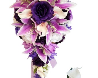 Cascade bouquet&Boutonniere:Shades of purple,lavender,and white