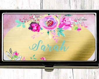 Gold Business Card Case, Personalized Card Case, Floral Watercolor Print, FREE Personalization, Custom Business Card Case, Slim Metal Wallet