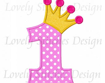 Princess birthday number 1 applique machine embroidery design