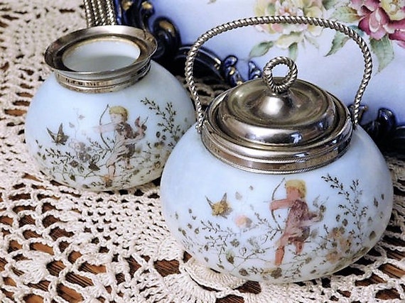 1800s Mt Washington Sugar Creamer Opaline Victorian Art Glass Transferware Cupid Cherub Scene Handled Sugar Bowl with Lid Creamer Set