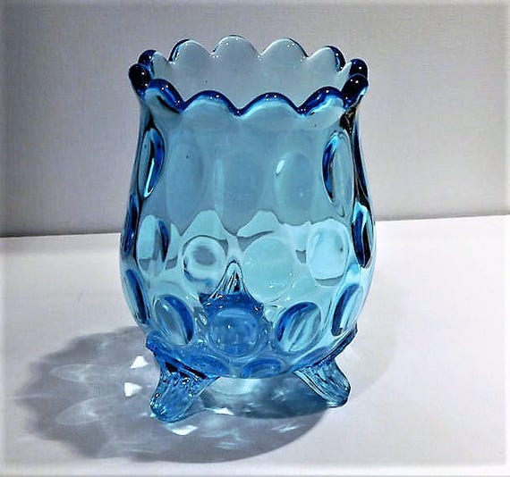 Antique Victorian Blue Thumbprint Art Glass Footed Spooner Celery Dish Country Cottage Home Decor Wedding Table Decoration Reception