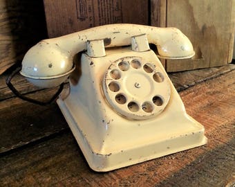 Vintage Tin Telephone With String Cord - Rustic Off White Pressed Steel Toy