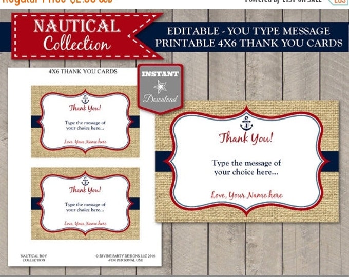 SALE INSTANT DOWNLOAD Nautical Baby Shower Printable 4x6 Thank You Cards / Editable - You Type Message / Nautical Boy Collection / Item #639