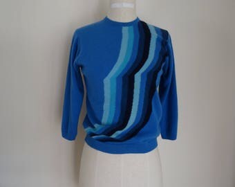 60's Cashmere Sweater Mad Men Ballantyne Scotland Blue Pullover Med