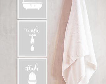 Bathroom Art Printables | INSTANT DOWNLOAD | Color: Grey | Bathroom Printable Set | Bathe, Wash, Flush | Bathroom Decor | Home Decor