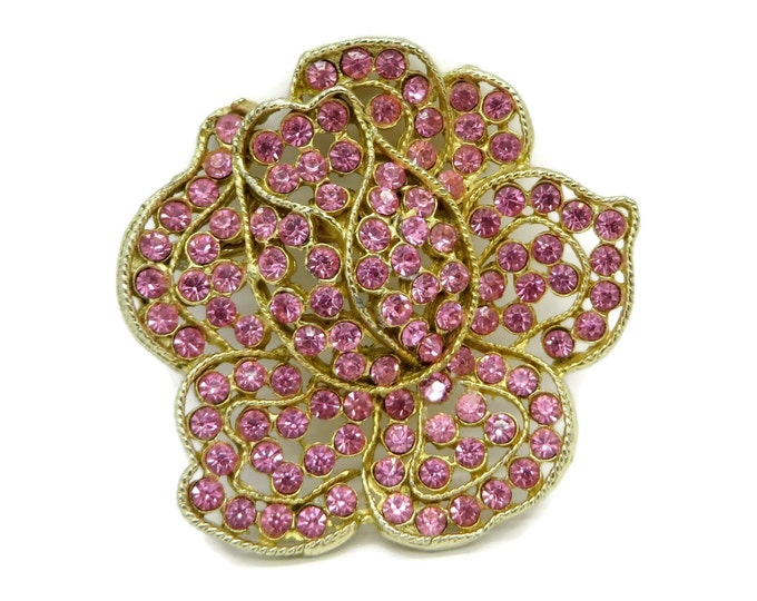 WEISS Pink Rose Rhinestone Gold Tone Flower Brooch, Vintage Pin